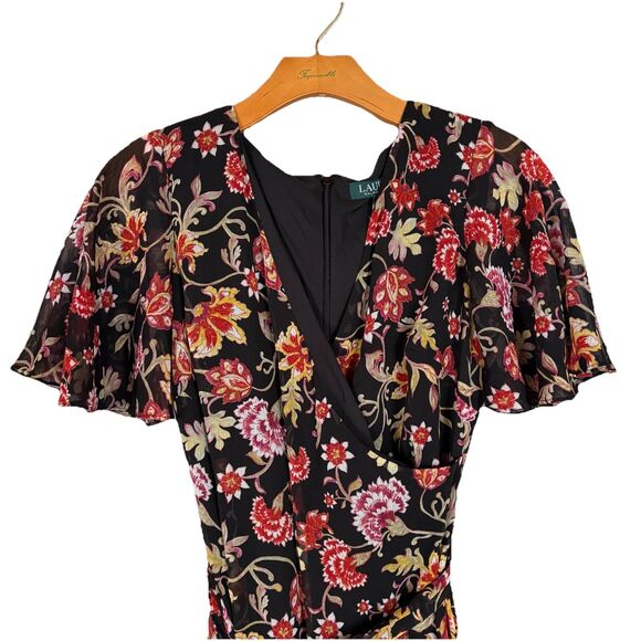 Ralph Lauren Black Floral Georgette Dress Short Flutter Sleeve Faux Wrap SZ 0 NW - Picture 7 of 16
